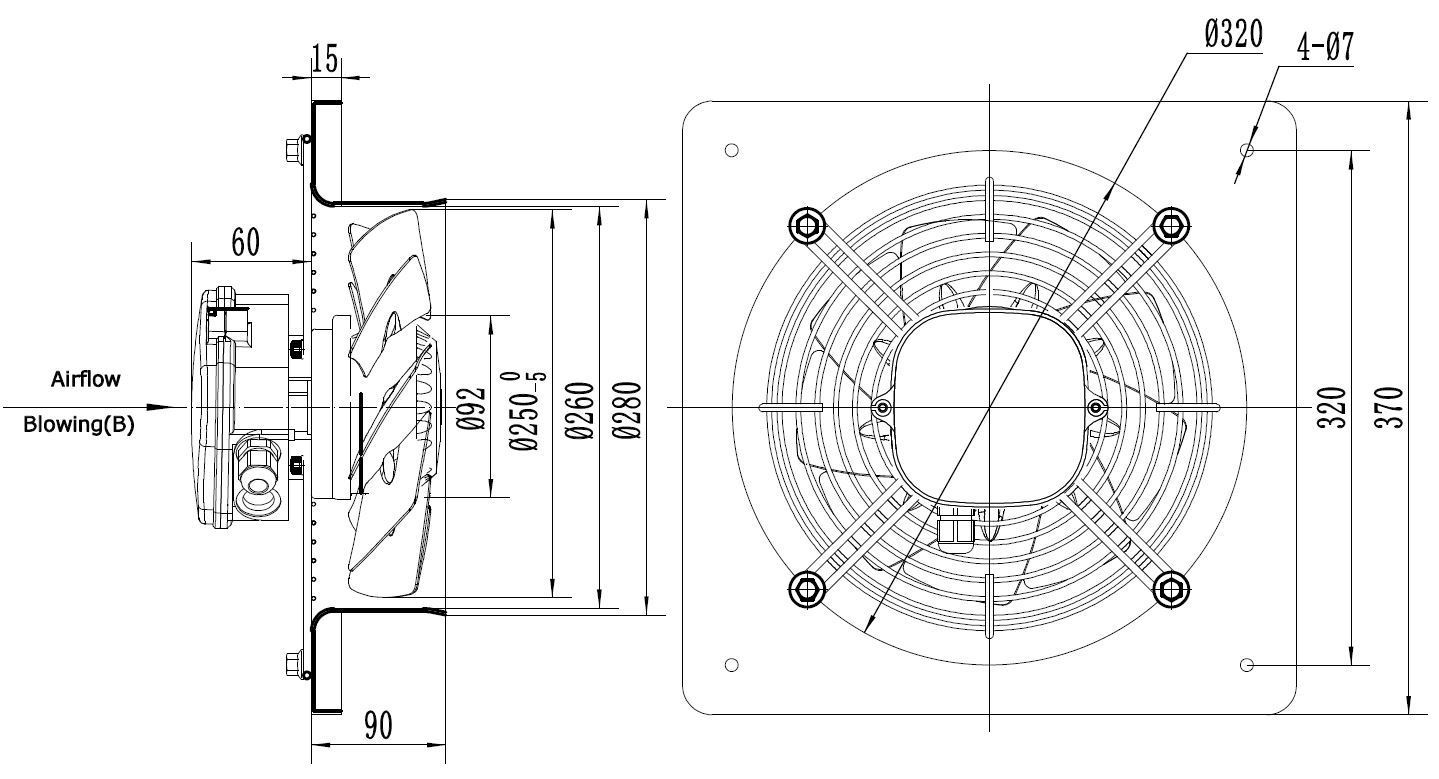 Abmessungen RW 250 Axialventilator