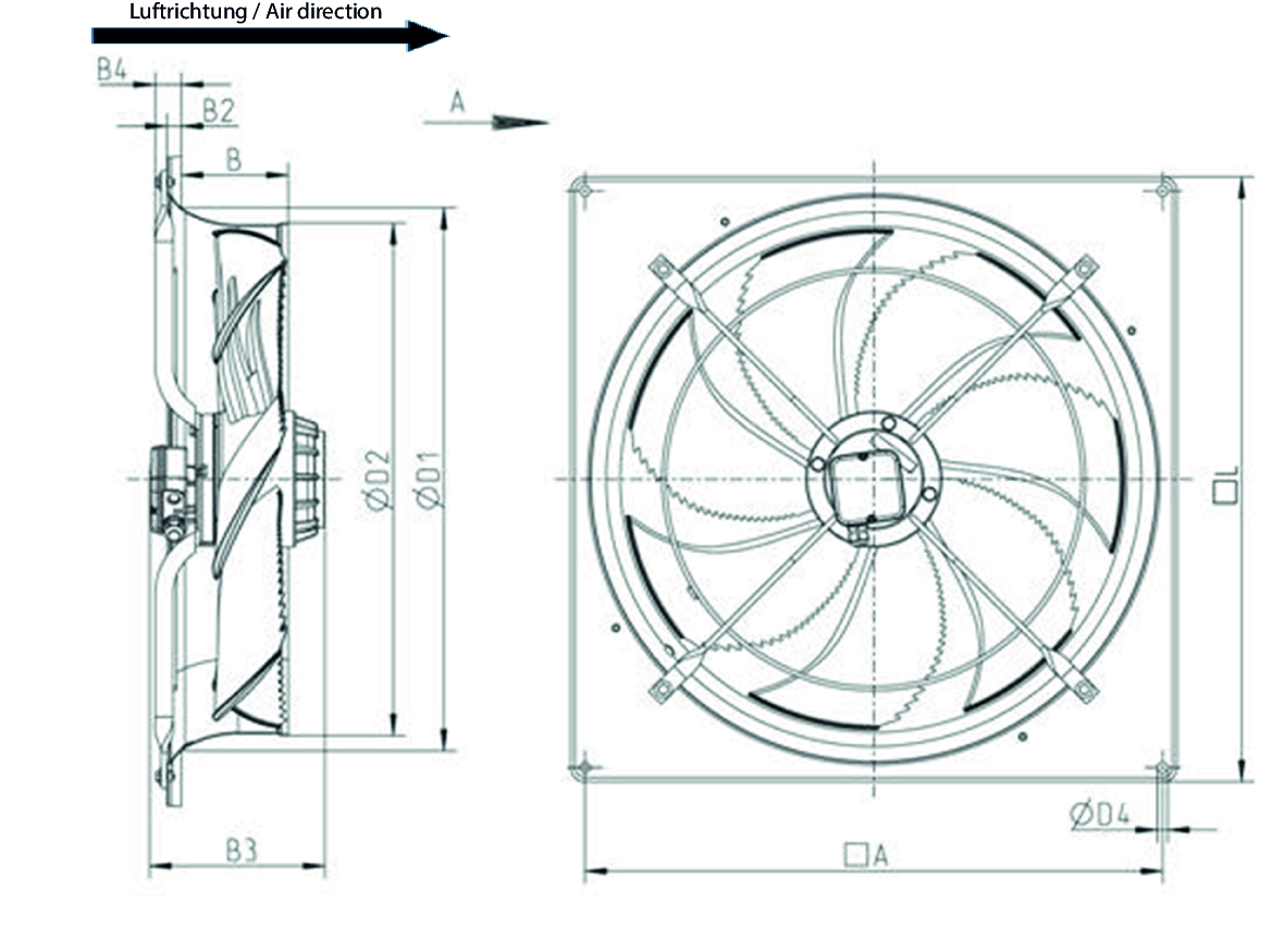 Abmessungen RW 710 Axialventilator