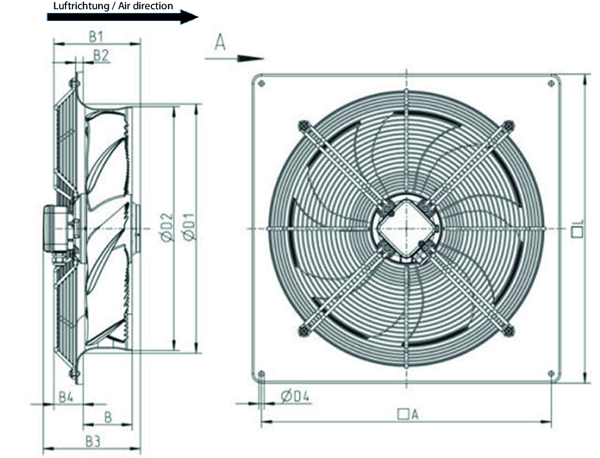 Abmessungen RW 350 Axialventilator
