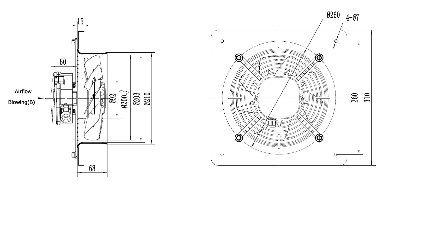 Abmessungen RW 200 Axialventilator